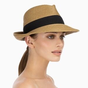 Eric Javits Squishee Classic Fedora Straw Hat Tan Black UPF 50+